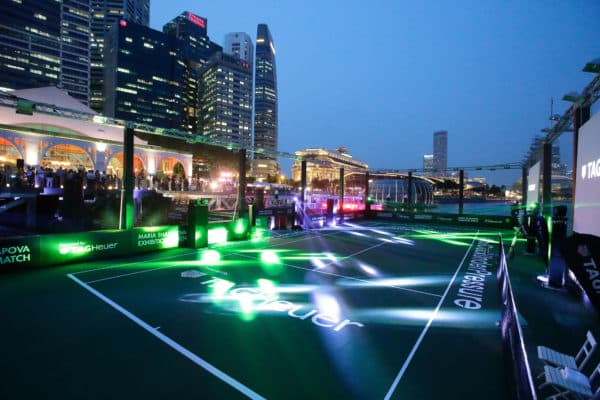 SINGAPORE - OCTOBER 22: A general view of the Singapore's first ever floating tennis platform built by Tag Heuer ahead of the WTA Finals at Clifford Pier, Fullerton Bay Hotel on October 22, 2015 in Singapore. (Photo by Suhaimi Abdullah/Getty Images For TAG Heuer)