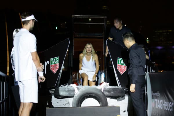 SINGAPORE - OCTOBER 22: Maria Sharapova (C) arrives by boat during the Maria Sharapova Exhibition Match at Clifford Pier, Fullerton Bay Hotel on October 22, 2015 in Singapore. (Photo by Suhaimi Abdullah/Getty Images For TAG Heuer) *** Local Caption *** Maria Sharapova
