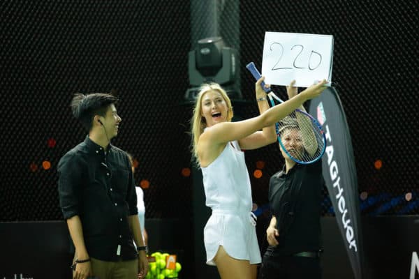 SINGAPORE - OCTOBER 22: Maria Sharapova (C) reacts during the speed serve challenge of the Maria Sharapova Exhibition Match at Clifford Pier, Fullerton Bay Hotel on October 22, 2015 in Singapore. (Photo by Suhaimi Abdullah/Getty Images For TAG Heuer) *** Local Caption *** Maria Sharapova
