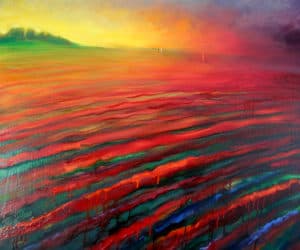 Glowing Woman in Red Landscape; Elling Reitan
