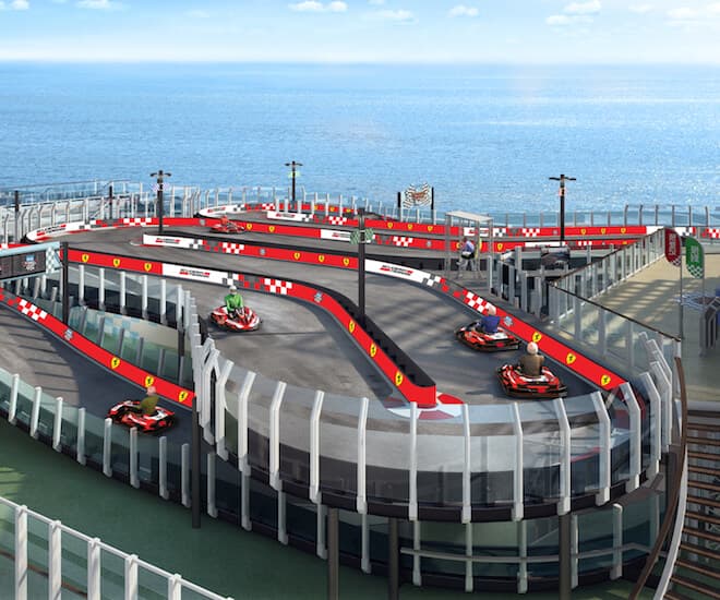 The Norwegian Joy features the inaugural Ferrari-branded racetrack at sea. Image courtesy of Norwegian Cruise Line