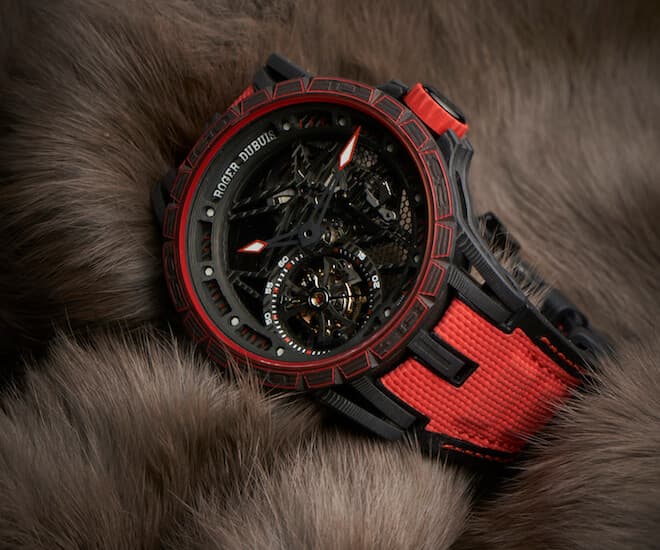 Roger Dubuis ventures where no other watchmaker has gone with the Excalibur Spider Carbon, introducing not only a case (and lugs) but also movement mainplate, bridges and tourbillon upper cage all in multi-layered carbon