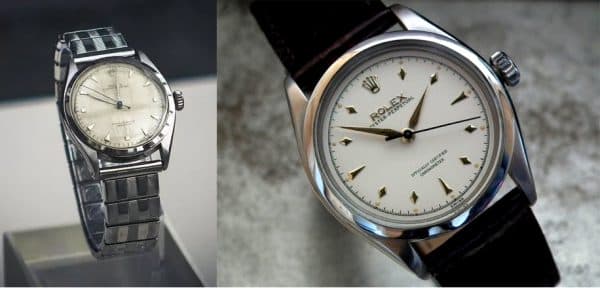 Left: Mr. Lee Kuan Yew's 1953 Rolex Oyster Perpetual. Right: Close up of a pristine version of that same vintage model