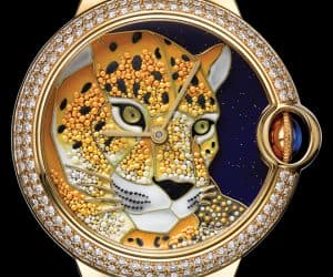The Rotonde de Cartier Panthere Granulation uses gold granulation to create the motif of a panther’s head on its dial