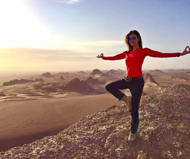 Christine Amour-Levar strikes a post in the Iranian desert