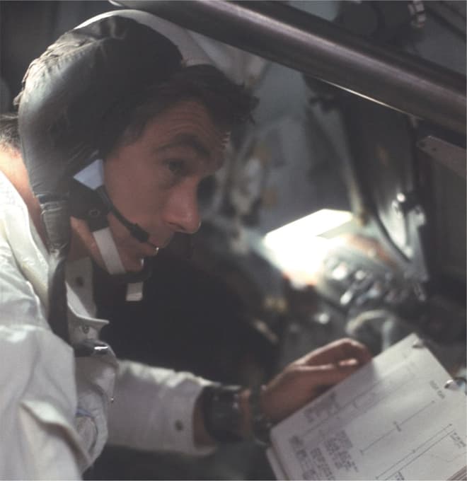 Commander Eugene Cernan of the Apollo 17 mission wristed with his Speedmaster Moonwatch, worn under-side his wrist so that he could easily refer to the watch face without turning his wrist.