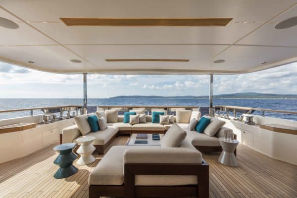The upper deck has an enormous covered aft area, which could feature a dining table if required