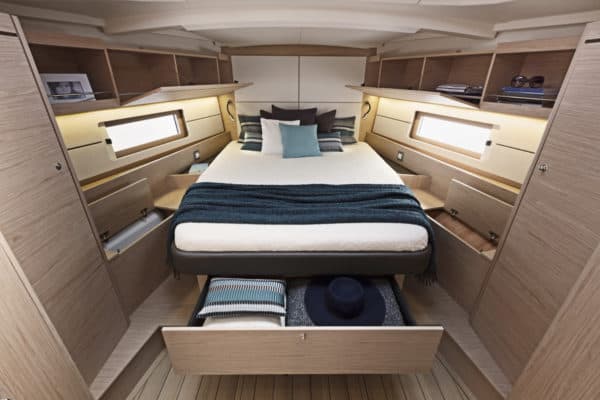 The owner’s berth forward has separate rooms for shower and toilet; a benefit of the voluminous scow bow design from naval architect Pascal Conq