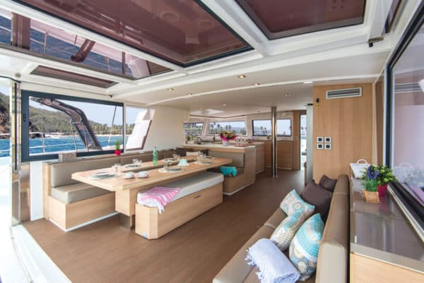 The Bali 5.4 Open Space features fold-up aft doors and an enormous covered, open-plan living area