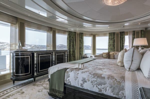 The sumptuous owner’s suite offers panoramic views at anchor or under way