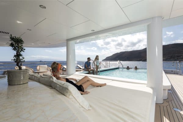 The pool has a counter current to enable lap swimming, but does not dominate an enormous entertainment space that leads into the salon and dining areas