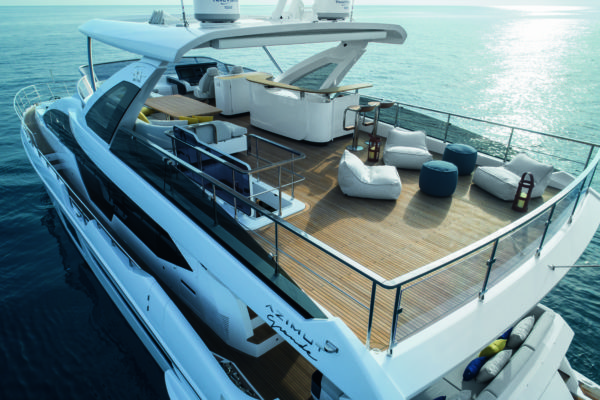 The large flybridge has a helm station to starboard but otherwise offers a lot of options for fixed or movable furniture