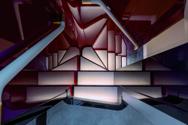 The stunning staircase to the guest cabins