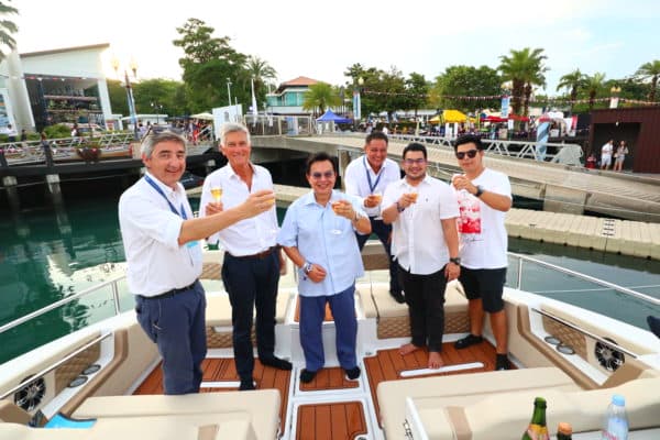 Salleh and his sons at the Aquila 36 handover ceremony with Simpson Marine founder Mike Simpson (second left, also above), Francois Sebire (left) and Simon Theseira (third right)