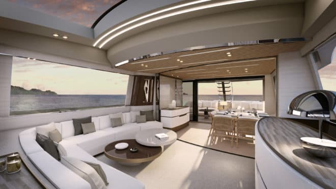 Francesco Guida handled the interior of a yacht that has sports features but also has a flybridge and onboard spaces typical of a big motoryacht
