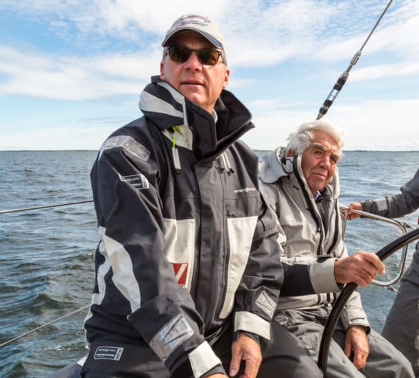 Product Line Leader Vanni Galgani with the legendary designer German Frers at the helm of the Swan 48