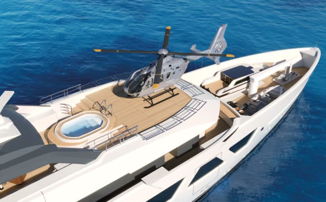 Designs reveal a helideck forward of a jacuzzi