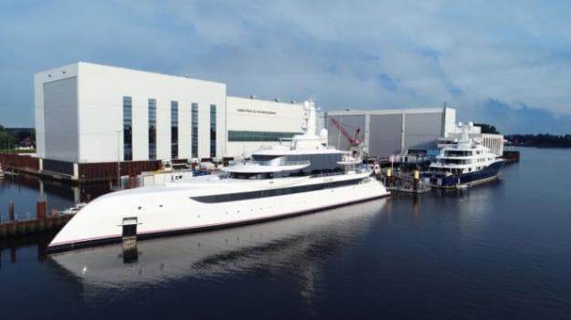 The 80m Excellence following her launch at the Abeking & Rasmussen shipyard in Lemwerder, northwest of Bremen, where she’s pictured with the newly extended C2