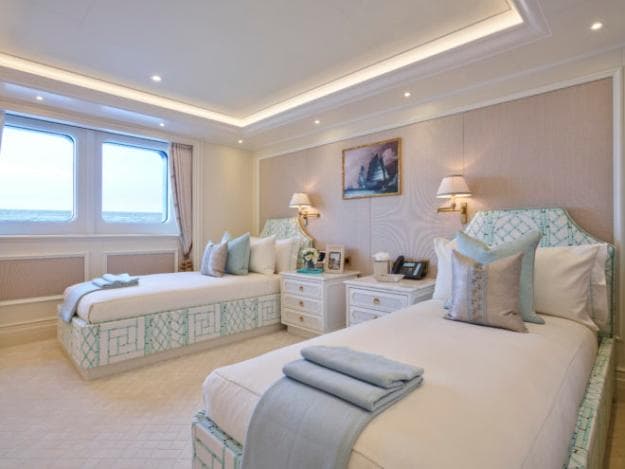 Shown here in its double-bed layout for possibly younger guests, the China Seas Suite has the sailing junk as its focal point, and there are other subtle oriental touches