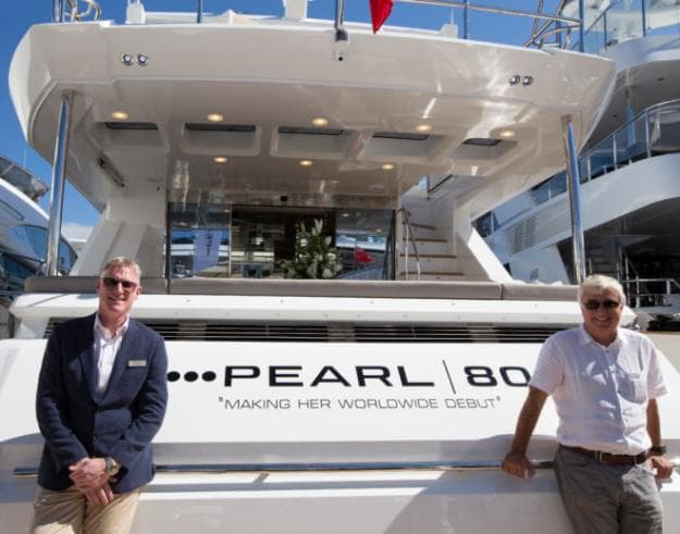 Iain Smallridge, Pearl's Managing Director, and renowned designer Bill Dixon on board the Pearl 80