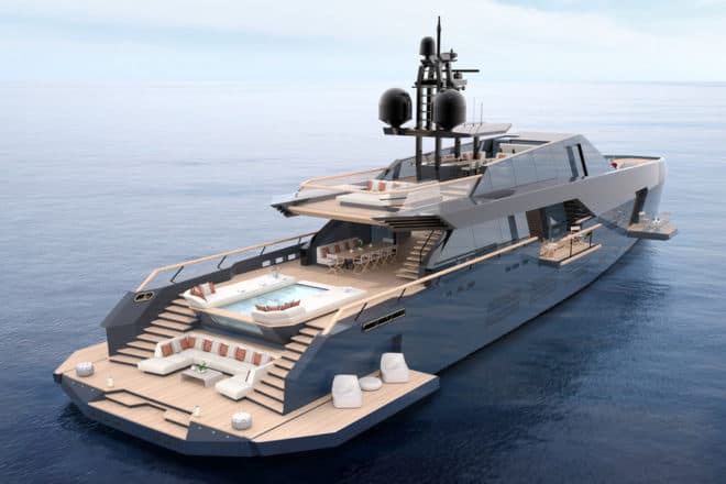 The main deck aft has an outdoor dining space and swimming pool flanked by large sunpads
