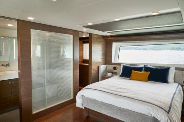 The full-beam master cabin features the bed athwartships, large windows and great headroom