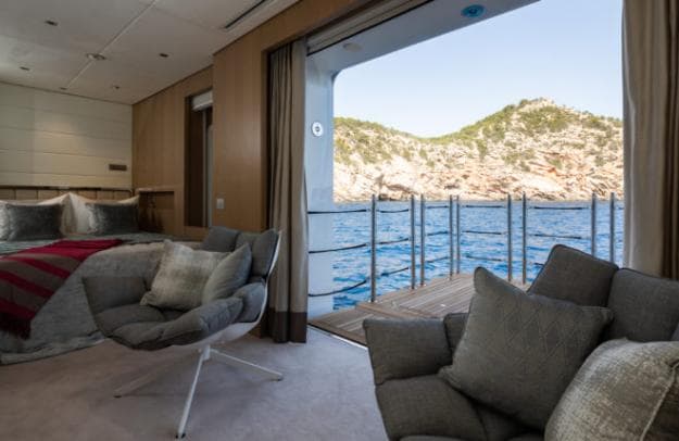 The forward nursery includes a twin cabin and a nanny’s cabin with its own balcony
