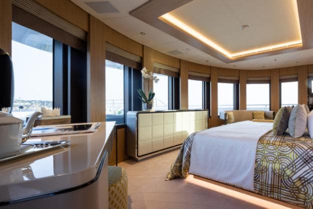 The owner’s accommodation on the upper deck has two double cabins, his and hers bathrooms, and expansive views, including over the foredeck