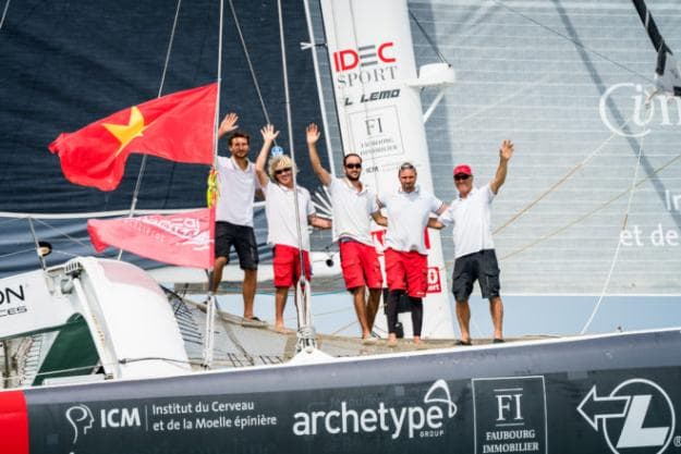 Corentin Joyon, Christophe Houdet, Antoine Blouet, Bertrand Delesne and Francis Joyon after arriving in Ho Chi Minh City