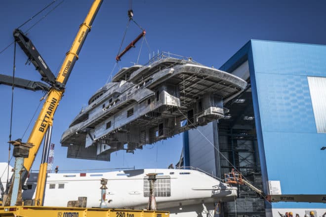 The joining of the 65m hull and superstructure of Benetti FB274