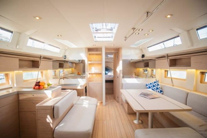 The interior of the high-spec Oceanis 51.1, which has a three-cabin layout