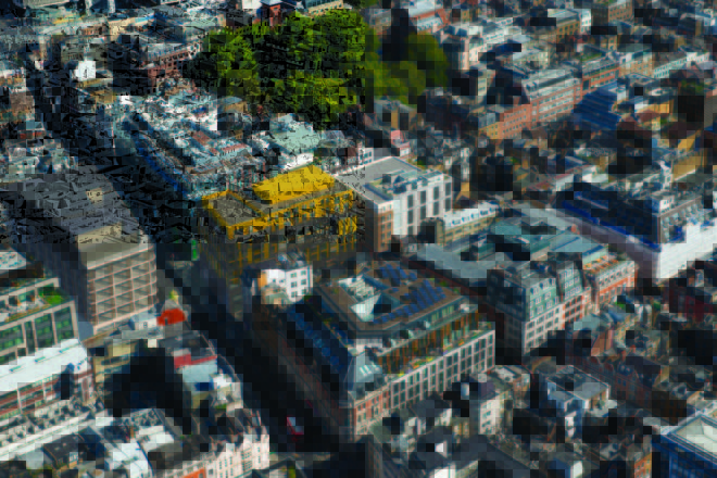 Aerial view of the city where Tottenham Court Road West is situated in
