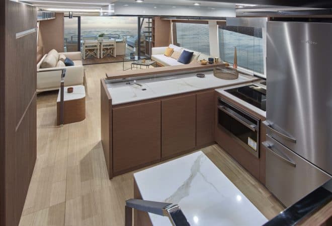 The forward central galley leads up to the helm station
