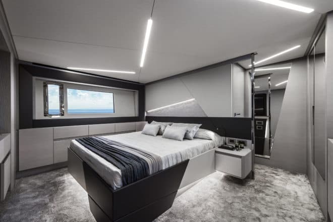 Pershing 7X: Owner’s suite on the lower deck, which has over 2m of headroom 