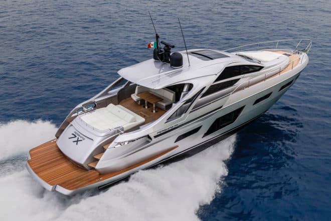 The Pershing 7X hits 50 knots with twin Man V12 diesel engines (1,800mhp each)