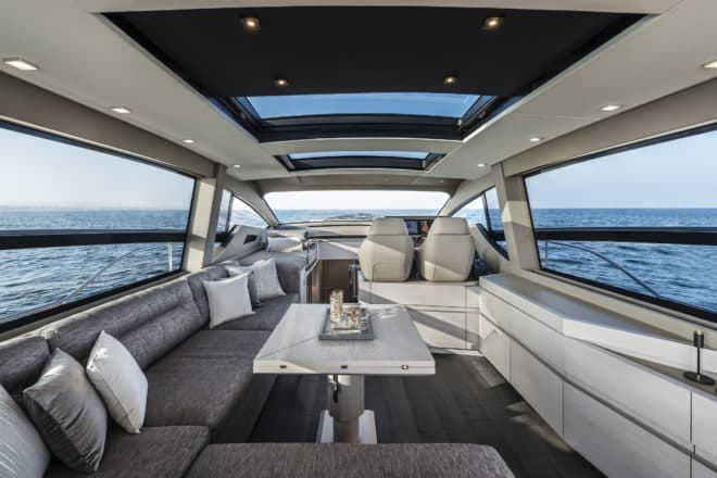 Pershing 7X: A fully retractable glass door leads to the saloon, which offers panoramic views