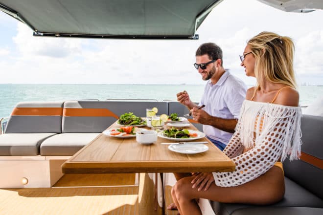 The aft cockpit can be covered and is ideal for al fresco dining with sea views