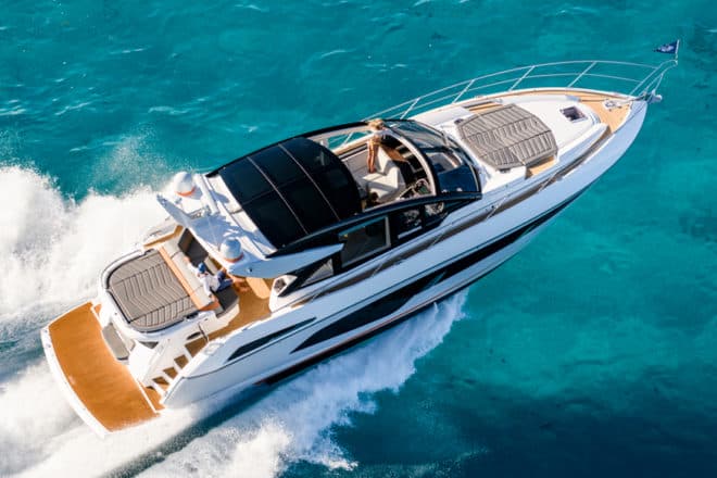 The yacht can reach 34 knots and benefits from Sunseeker’s new ‘Hydro-Pack’