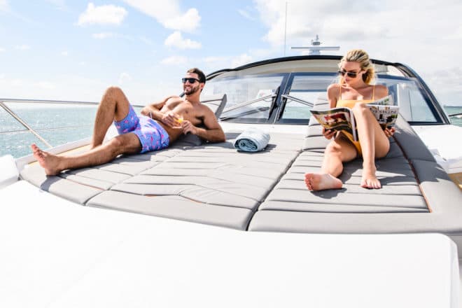 The Sunseeker Predator 60 Evo well designed foredeck features a triple sunpad with adjustable backrests