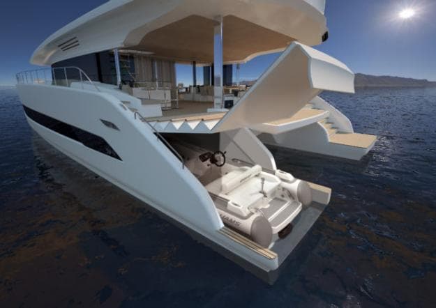 With no engine room, the Silent 80 has a huge garage in the port hull