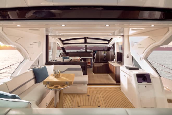 When the cockpit window is lowered and the starboard door is opened, the cockpit and saloon combine to form a large and attractive living area