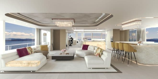 The bespoke saloon on the 100 Sunreef Power includes a fitness area forward and a dining area