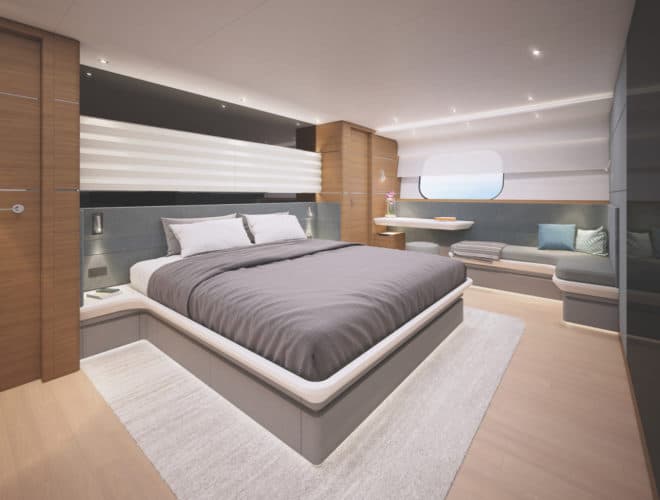 The master suite (above) and VIP suite (below) on the CLB88 are both full-beam