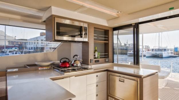 The starboard side of the large two-sided galley on the Leopard 53 PC