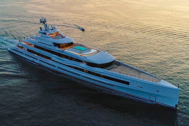 Features on the 107m Benetti Lana include a large swimming pool and a touch-and-go helipad