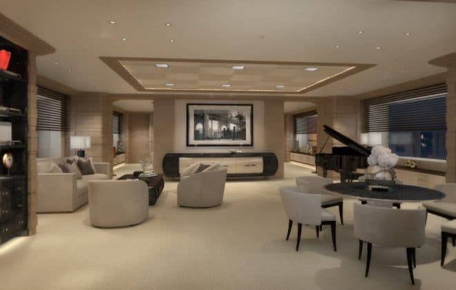 Features include a grand piano in the wheelhouse-deck saloon (above) and a full spa with hammam (below), gym and massage room