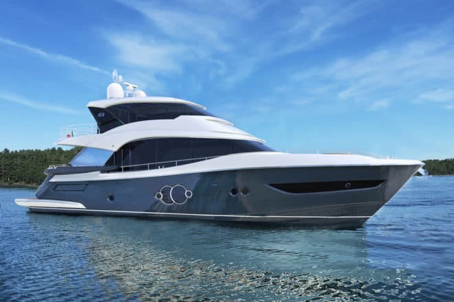 The enclosed skylounge on the MCY 76 Skylounge includes the yacht's sole helm station