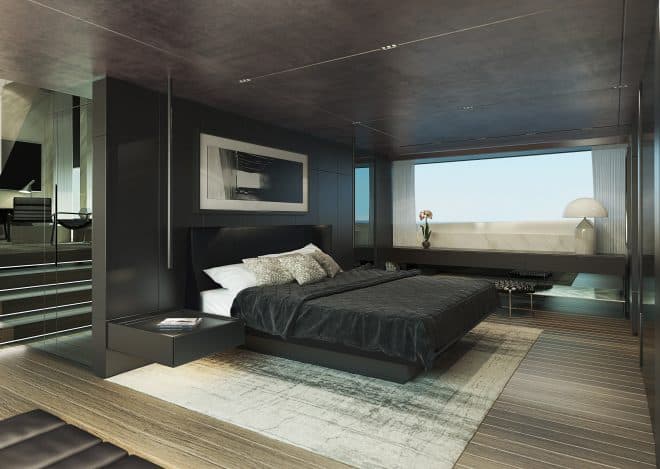 The 1,560sqft master suite on the Sanlorenzo 44Alloy spans three levels and has an outdoor lounge with pool