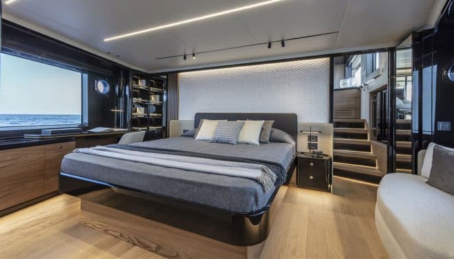 Absolute’s biggest windows to date feature in the impressive master suite, which is situated forward and features a desk, sofa and a large, full-width bathroom in the bow