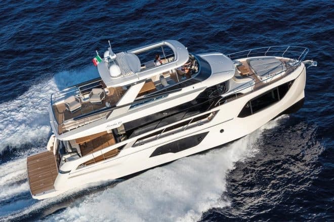 The Navetta 64 can be fitted with either twin Volvo Penta IPS1200 or IPS1350 engines